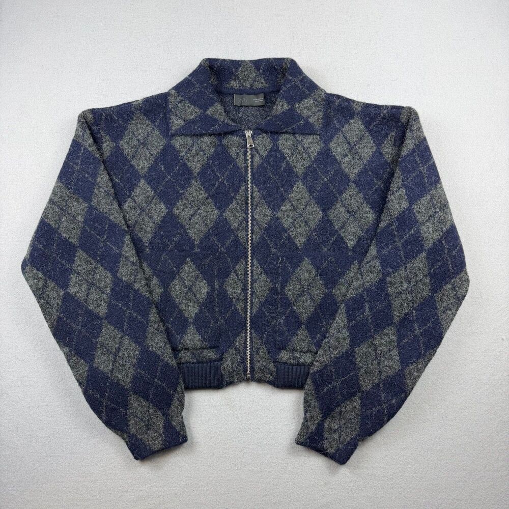 Zara Womens M Wool Alpaca Blend Argyle Zip Sweater Jacket Navy Gray Cropped